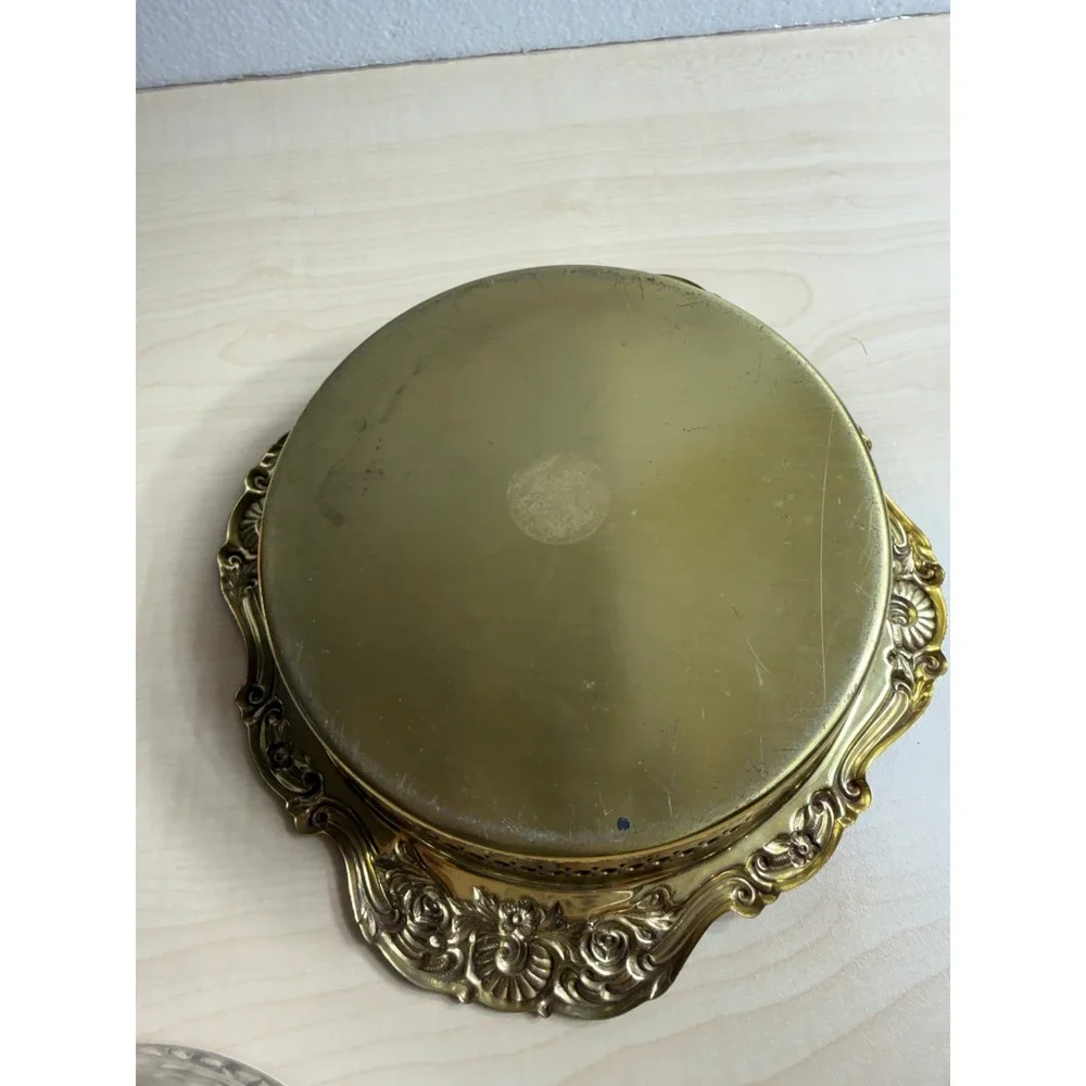 Vintage Brass Gallery Tray Ornate Floral Rim Starburst Cut Glass Insert